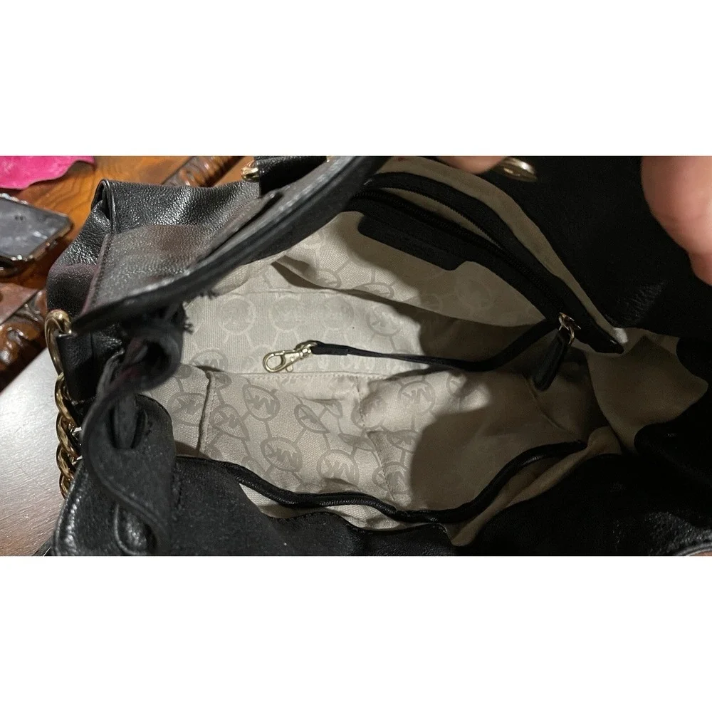 Michael Kors Hamilton Black Leather Satchel Tote‎ Chain Shoulder Bag Gold